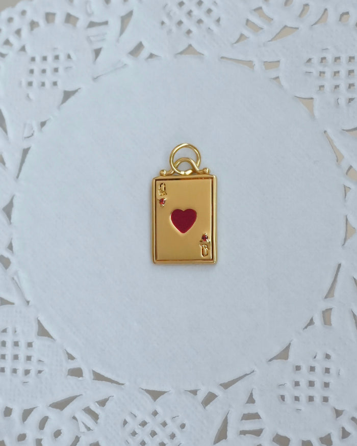 Gold charm featuring Queen of Hearts playing card design. A unique charm for jewelry projects, highlighting Tory charm.