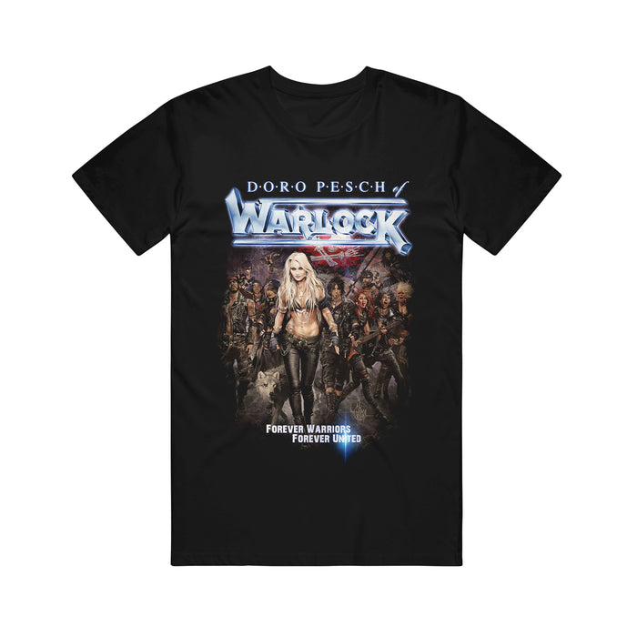 Doro black t-shirt with the “Warlock” logo on top, Doro Pesch and band members in the background, and “Forever Warriors Forever United” text at the bottom.