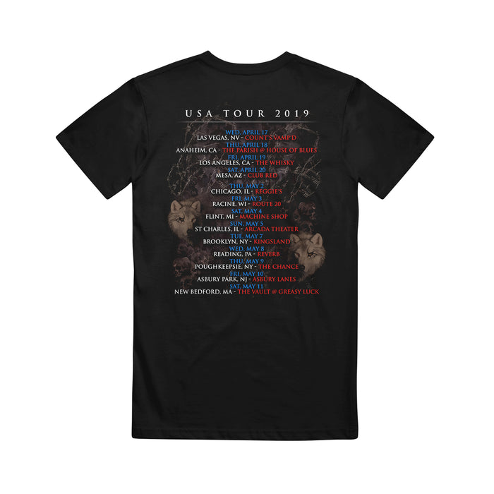 Doro black T-shirt featuring USA TOUR 2019 with tour dates and cities on the back in white, blue, and red text, plus a faded graphic of two cats and flowers behind the text.