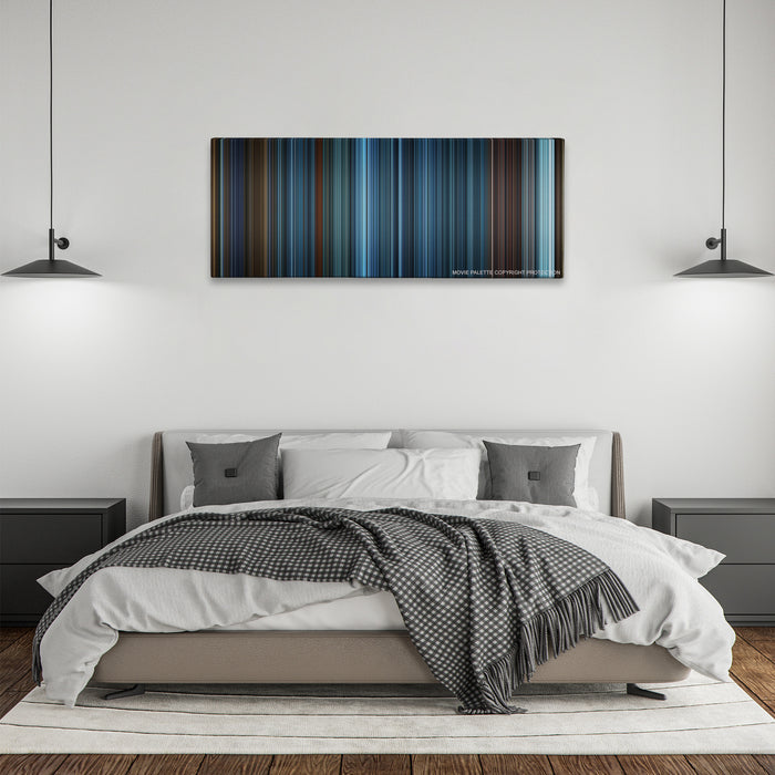 TRON: Legacy color palette canvas above a bed, between two black pendant lamps