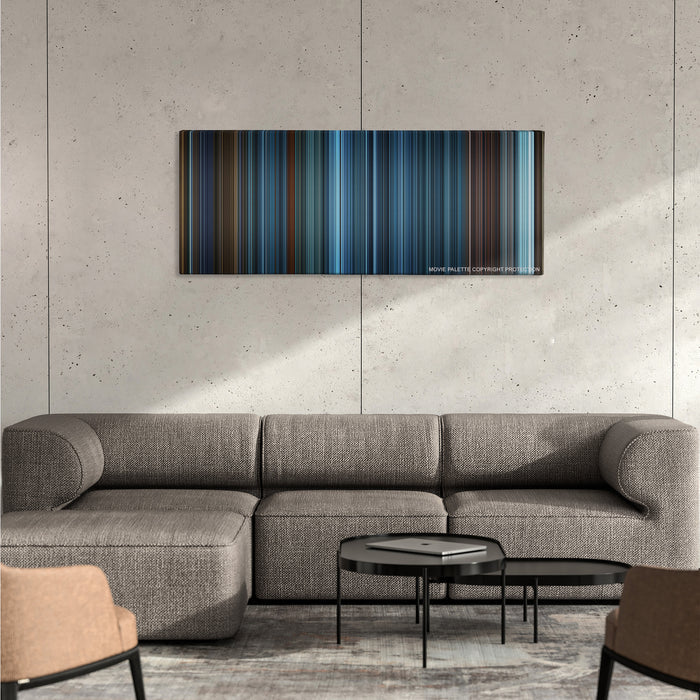 TRON: Legacy color palette canvas on a concrete wall above a gray sectional sofa
