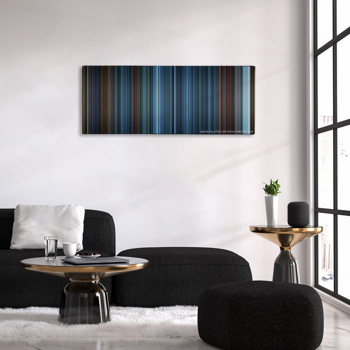 TRON: Legacy color palette canvas above a black sofa with a gold-topped table