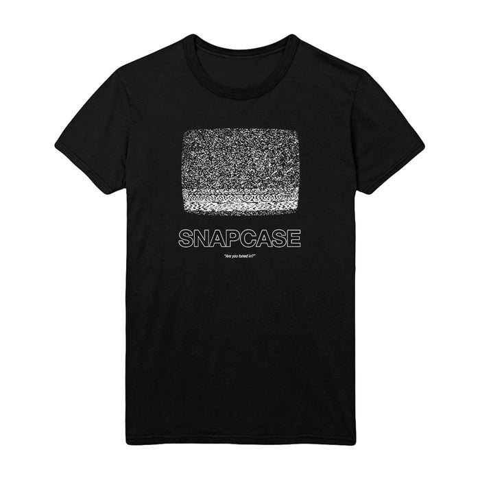 Snapcase black t-shirt featuring a graphic of a TV with white static. Below the TV, SNAPCASE is in bold letters, with Step your game up! in smaller text underneath.