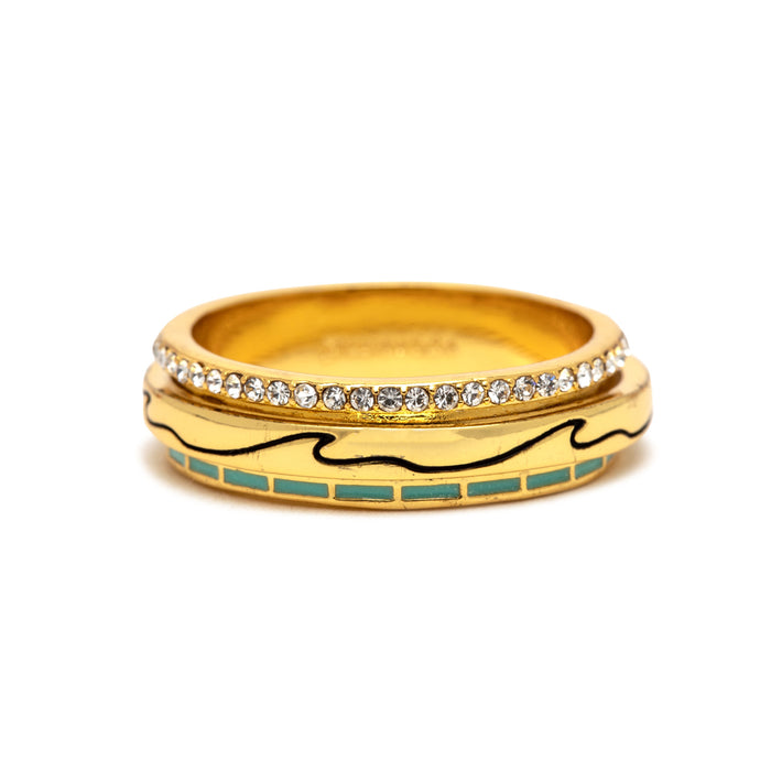 Gold tone Turquoise Wave Fidget Ring with a crystal edge and turquoise inlay