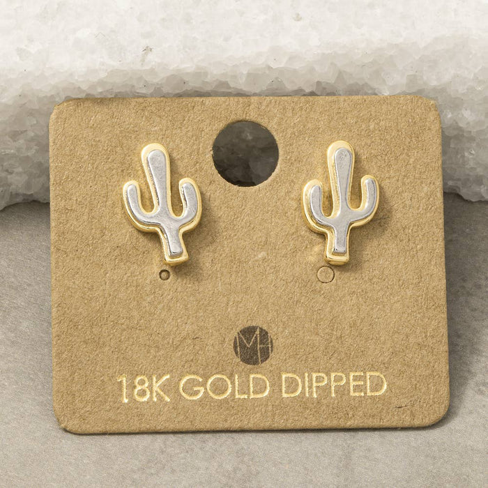 Two tone cactus stud earrings in gold and silver on a kraft display card.