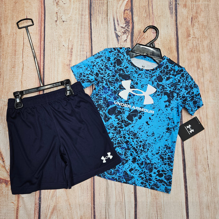 UA 2 PIECE PRINTED TECH SHORT SET BLUE