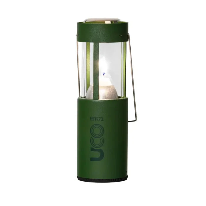 UCO Original Candle Lantern set-up with a lit candle in Forest Green colour on a white background