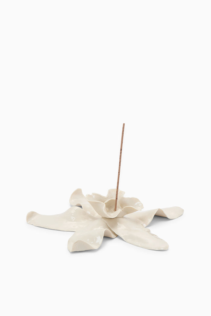 Ivory Handcrafted Porcelain Incense Holder, Floral Petal Form with Incense Stick - Front View | Ulla Johnson