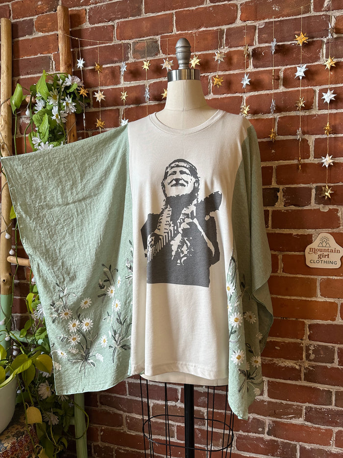 Upcycled Willie Nelson Inspired Green Daisy Embroidered Poncho