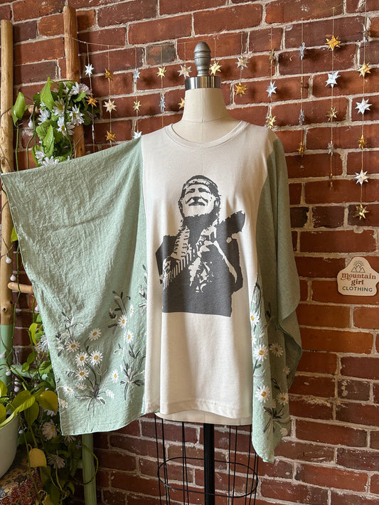 Upcycled Willie Nelson Inspired Green Daisy Embroidered Poncho
