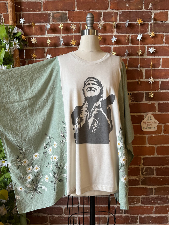Upcycled Willie Nelson Inspired Green Daisy Embroidered Poncho