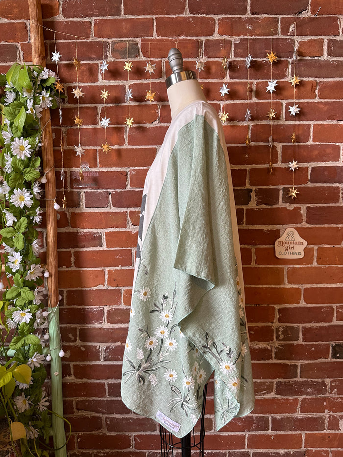 Upcycled Willie Nelson Inspired Green Daisy Embroidered Poncho