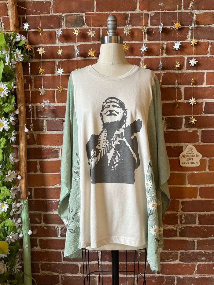 Upcycled Willie Nelson Inspired Green Daisy Embroidered Poncho
