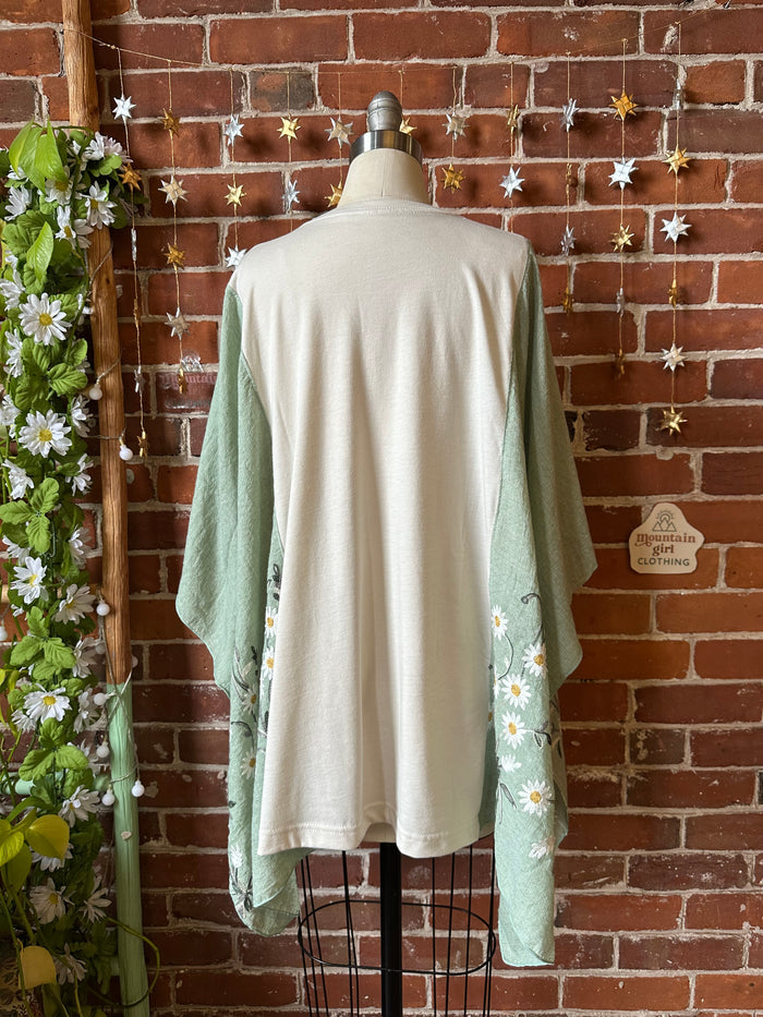 Upcycled Willie Nelson Inspired Green Daisy Embroidered Poncho