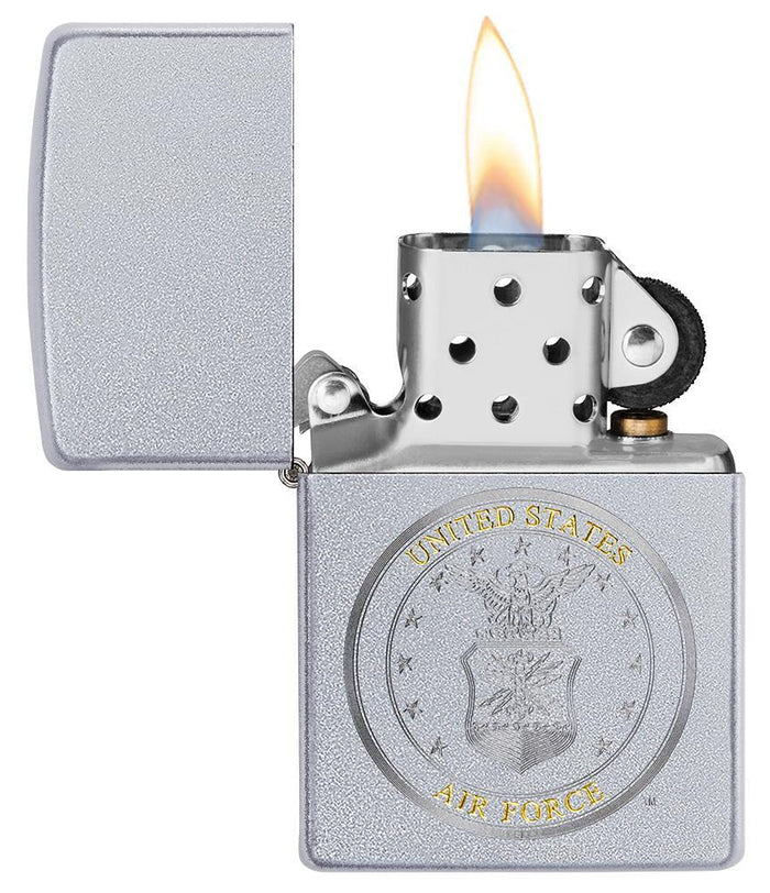 U.S. Air Force Satin Chrome windproof lighter with lid open and lit