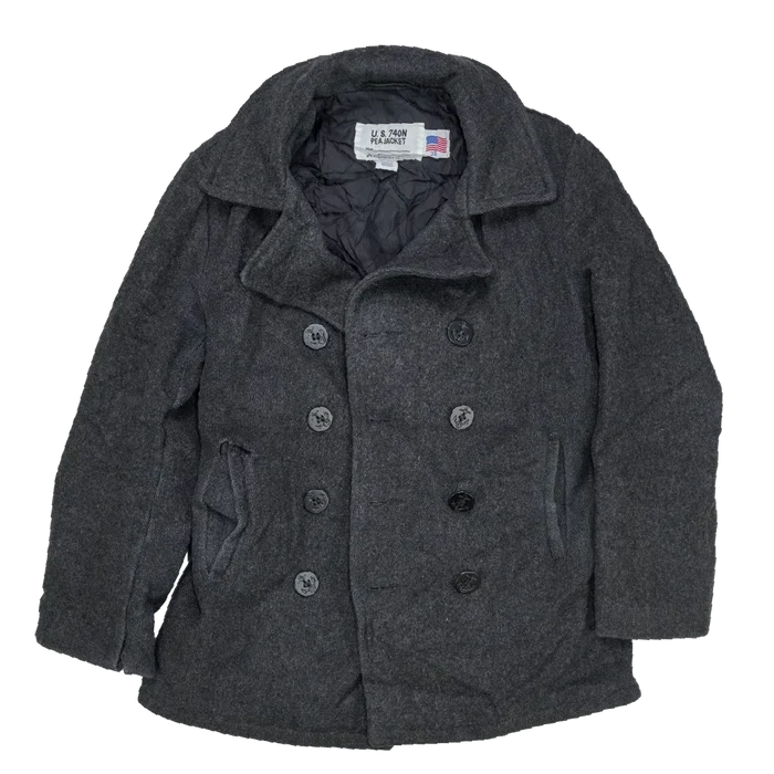 US Made Schott 740N Grey Pea Jacket - 38, Small - Army & Outdoors - Great Coats