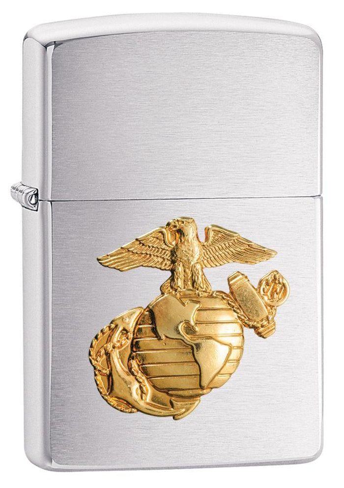 280MAR- United States Marine Corps Winproof Zippo Lighter, Brushed Chrome Finish & Brass Military Emblem
