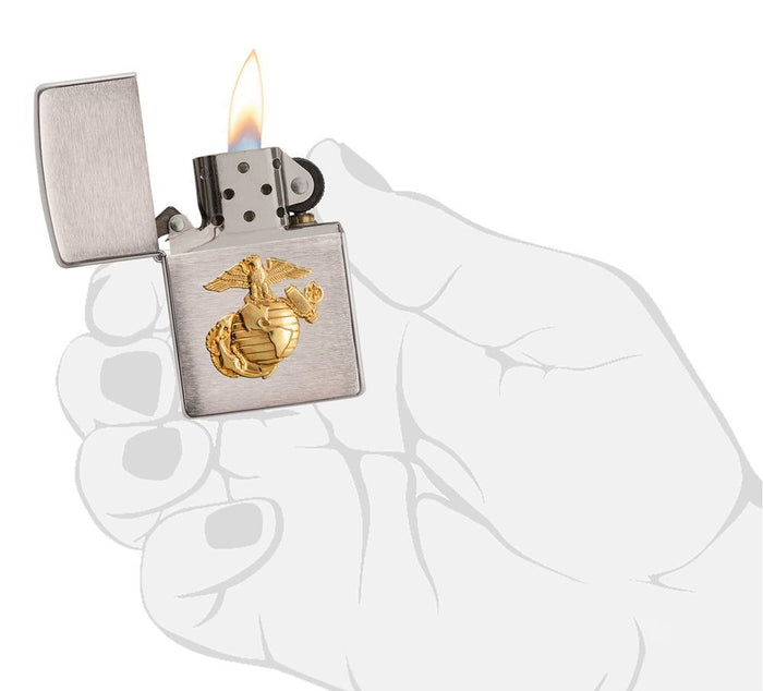 280MAR- United States Marine Corps Winproof Zippo Lighter, Brushed Chrome Finish & Brass Military Emblem