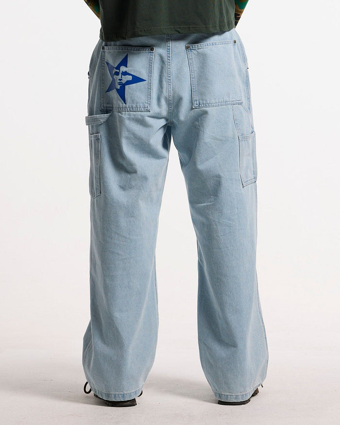 V1 CARPENTER PANTS LIGHT DENIM - light blue denim carpenter pants, back view on male model - Cold Culture