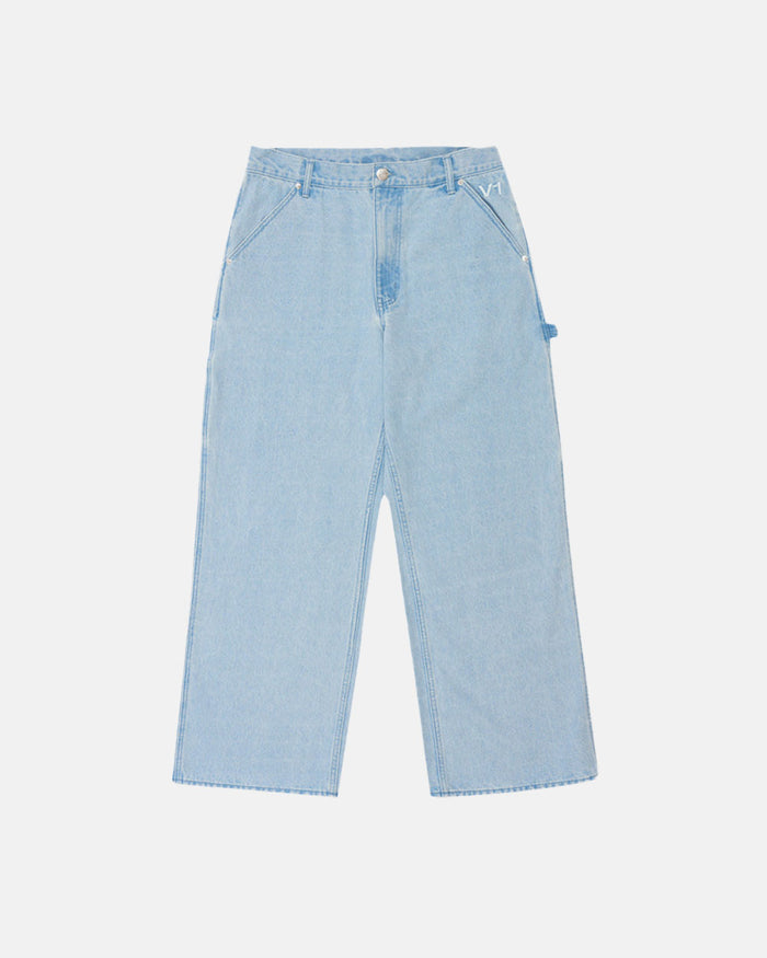 V1 CARPENTER PANTS LIGHT DENIM - light blue denim carpenter pants, front view - Cold Culture