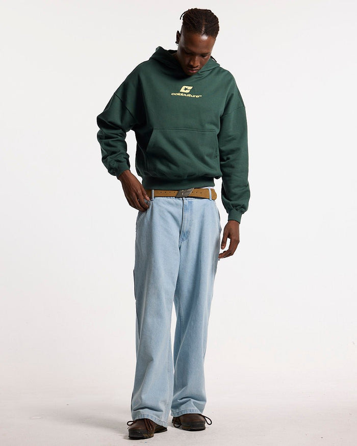 V1 CARPENTER PANTS LIGHT DENIM - light blue denim carpenter pants, front view on male model - Cold Culture #man