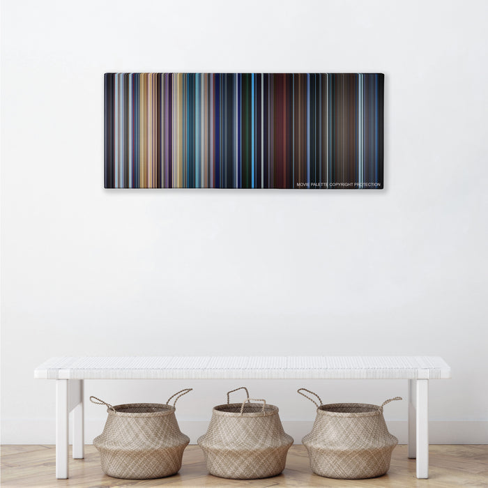 Valerian and the City of a Thousand Planets color palette canvas above a white bench with three woven baskets