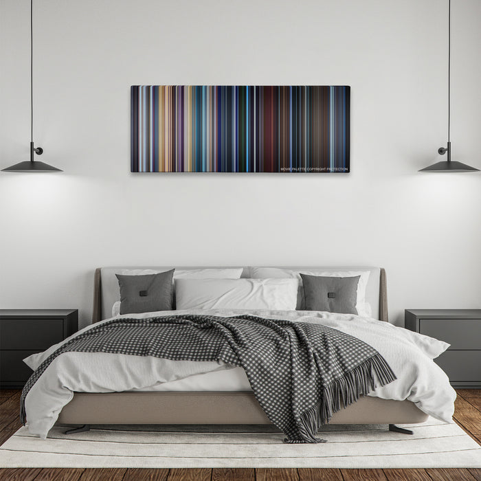 Valerian and the City of a Thousand Planets color palette canvas above a bed, between two black pendant lamps