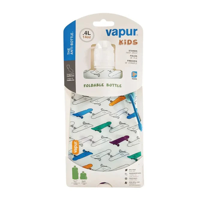 Vapur Kids Plastic Water Bottle in skateboard design packaging on a white background
