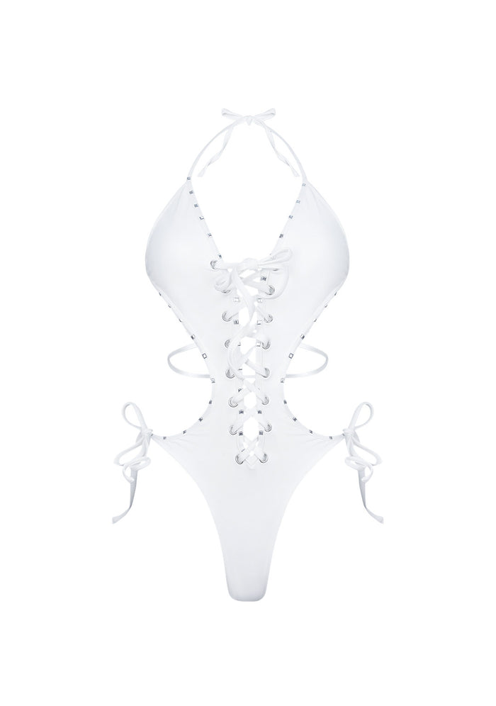 VENDETTA STUDDED LACE UP SWIMSUIT WHITE