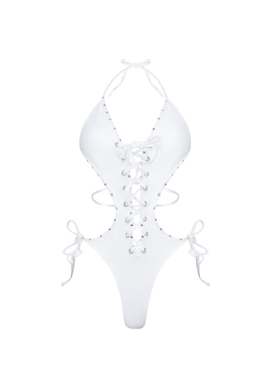 VENDETTA STUDDED LACE UP SWIMSUIT WHITE