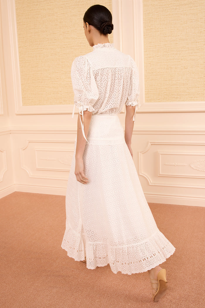 Pristine White Luxury Cotton Eyelet Midi Skirt - Back View, Scalloped Hem | Ulla Johnson