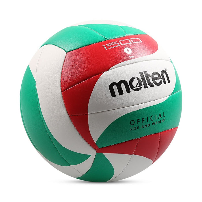 An official size 5 Molten volleyball with red, white, and green panels, and the brand logo 'MOLTEN' displayed prominently on the surface.