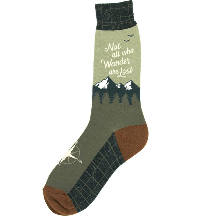 Wander Men's Socks olive green with mountains and pine trees and Not all who Wander are Lost text