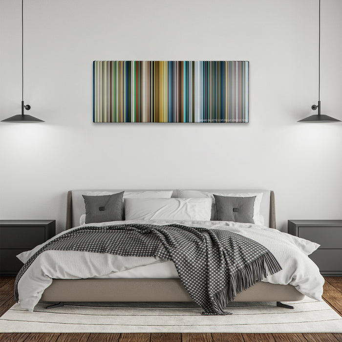 War Dogs color palette canvas above a bed, between two black pendant lamps