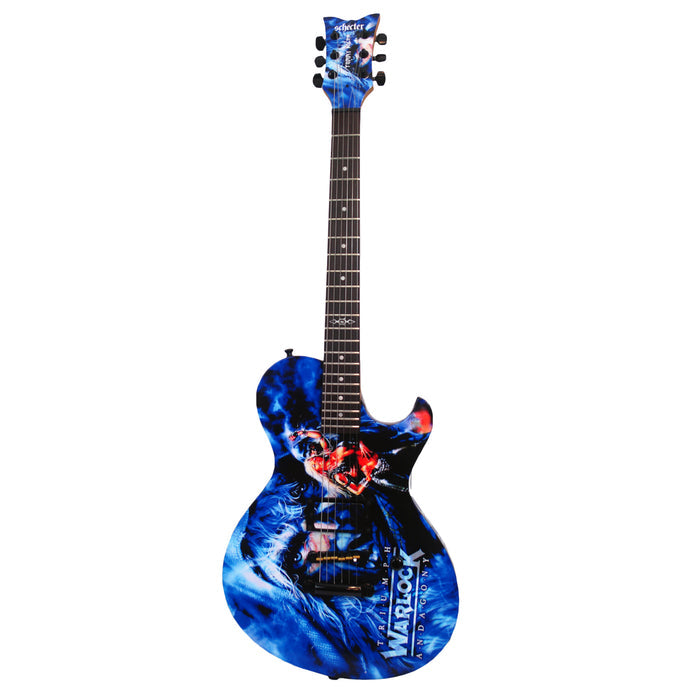 A blue Doro Warlock Guitar featuring a fantasy graphic with a red-armored warrior and WARLOCK on the body, set against a swirling blue background—a true Limited Edition for fans of Triumph and Agony.