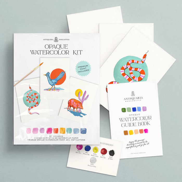 Southwest Animals watercolor kit packaging with a coiled striped snake illustration and swatches.