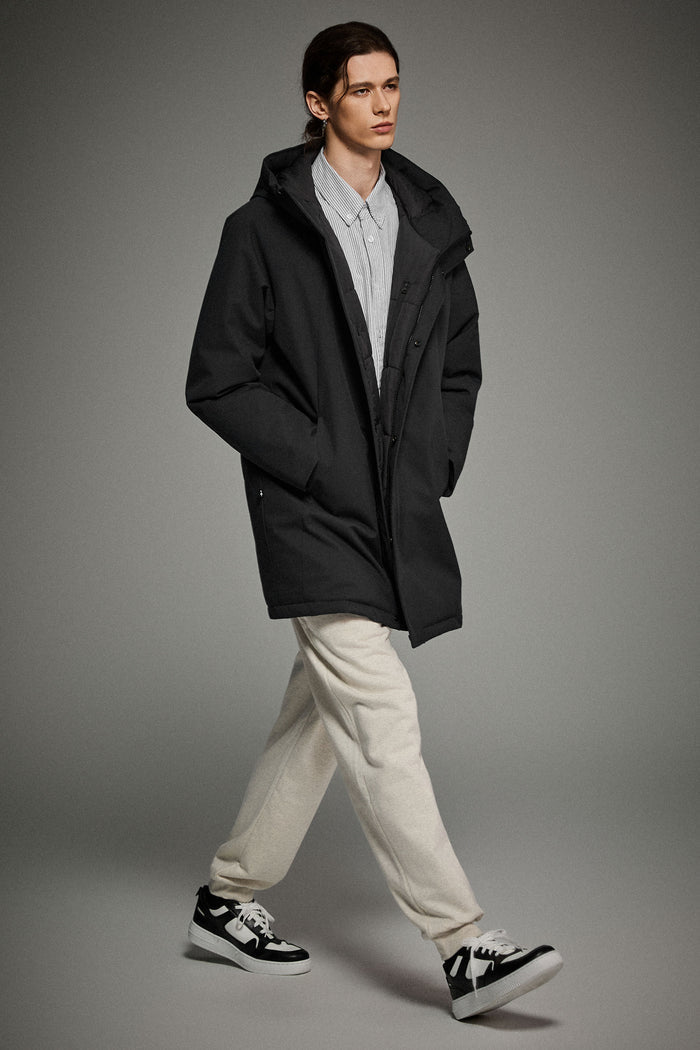 WeatherGuard Mid-Length Hooded Parka Jacket Orolay #color_black