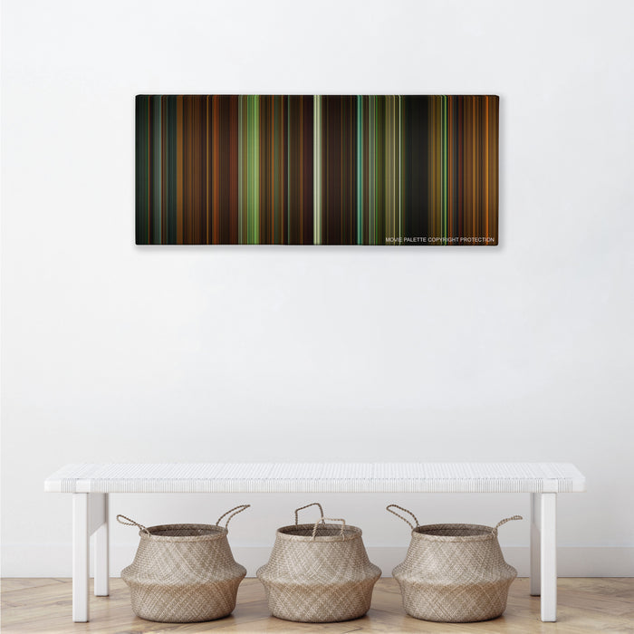 Whiplash color palette canvas above a white bench with three woven baskets