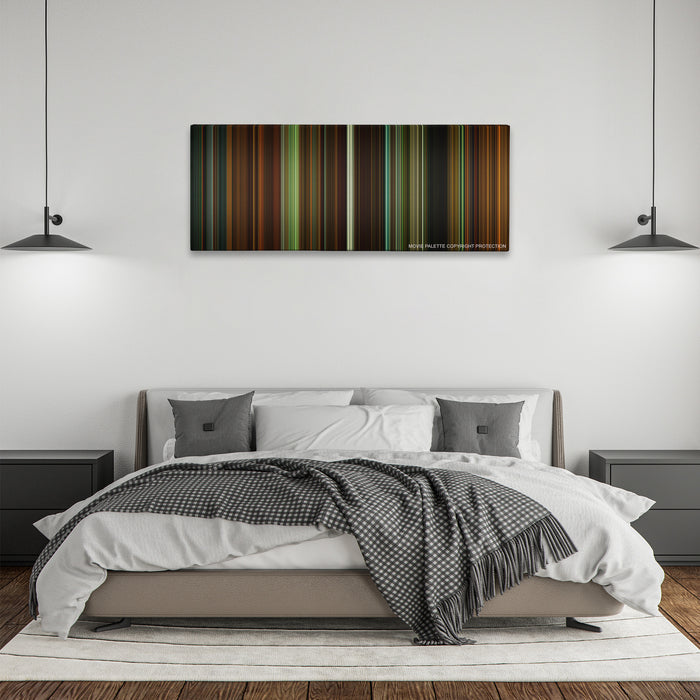 Whiplash color palette canvas above a bed, between two black pendant lamps