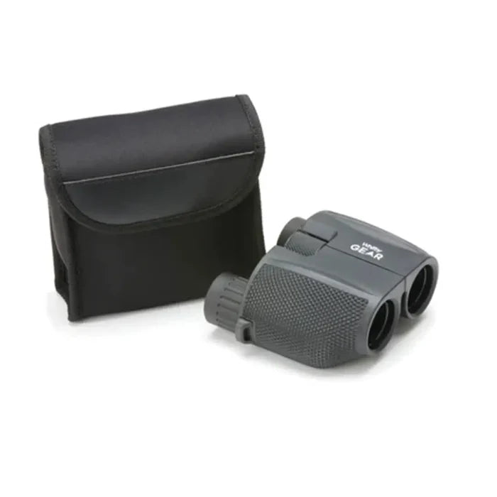 Whitby Gear Compact Binoculars 10 x 25mm shown with its protective carry pouch on a white background