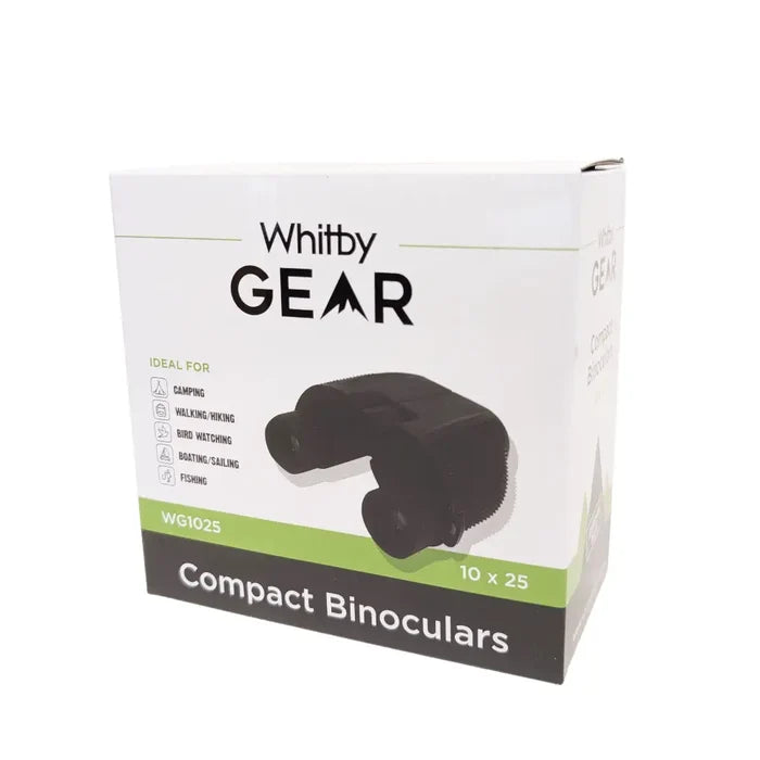 Whitby Gear Compact Binoculars 10 x 25mm packaging front detail on a white background