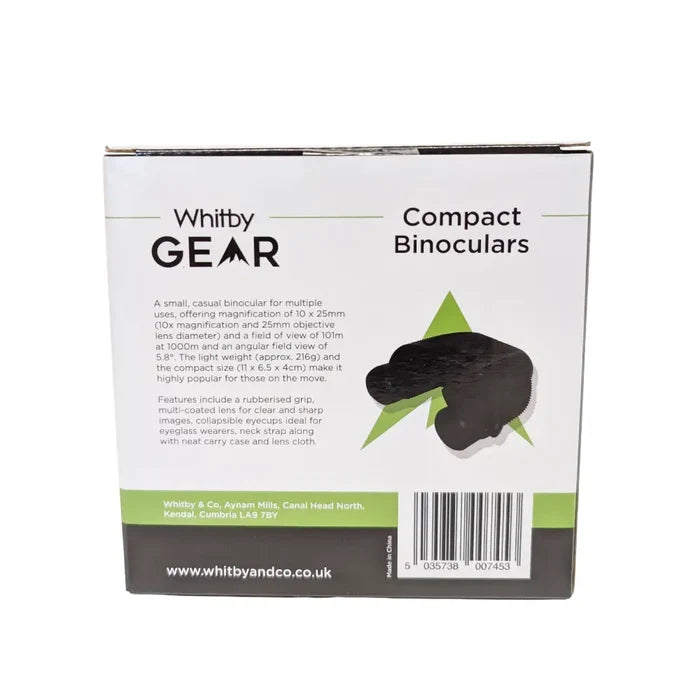 Whitby Gear Compact Binoculars 10 x 25mm packaging rear detail on a white background
