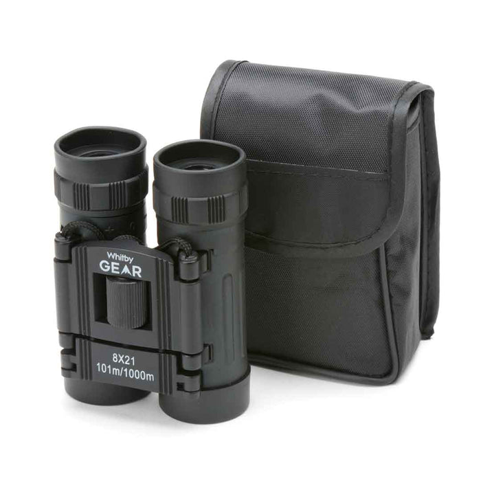 Whitby Gear Compact Pocket Binoculars 8 x magnification photographed with its carry pouch in a studio on a white background