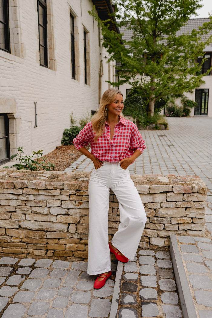 Red and Pink Plaid Dicki Shirt bold everyday look, standing pose