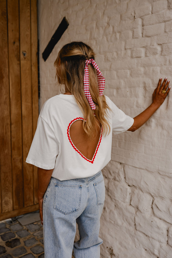 White Naya t-shirt with heart cut-out back, front view