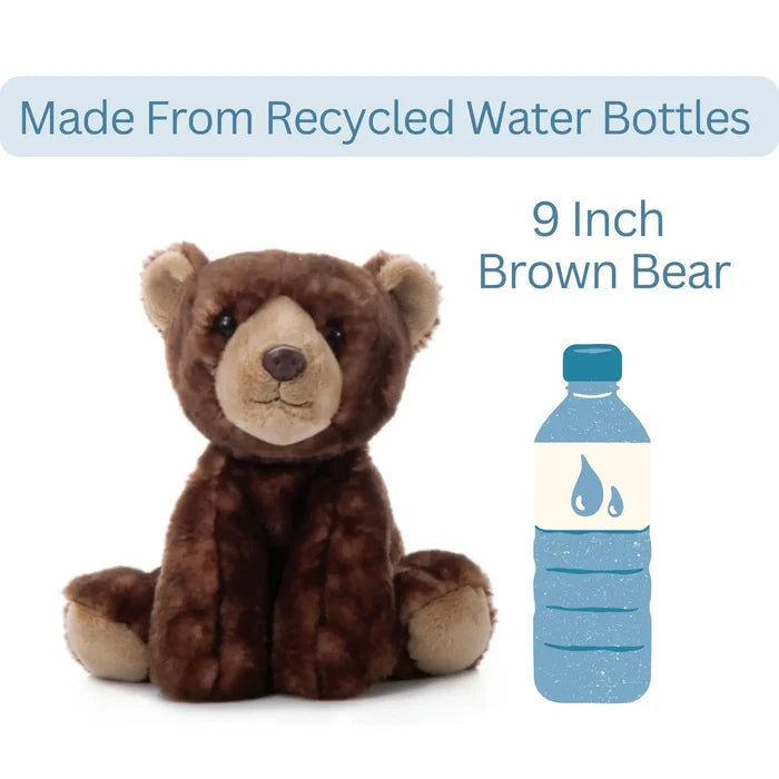 Brown bear plush next to a blue water bottle illustration highlighting recycled materials