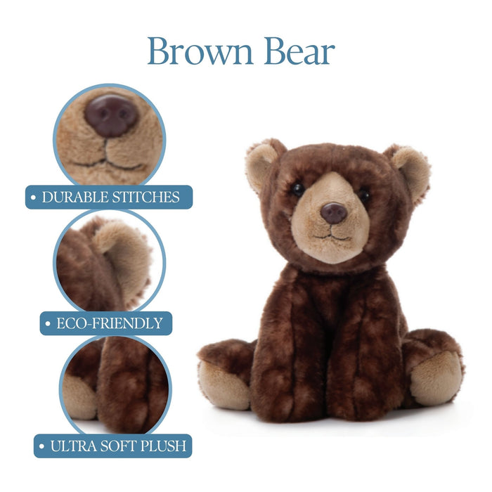 Brown bear plush with left side circular infographics displaying durable stitches eco friendly and ultra soft plush