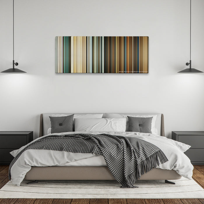 Wild Tales color palette canvas above a bed, between two black pendant lamps