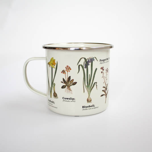 Wildflowers enamel mug with botanical prints of several flowers along the side.