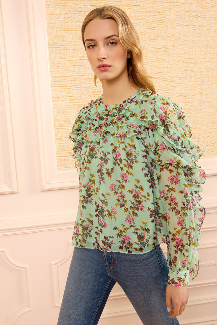 Opaline Floral Silk-Chiffon Ruffled Blouse - Three-Quarter View On Model | Ulla Johnson